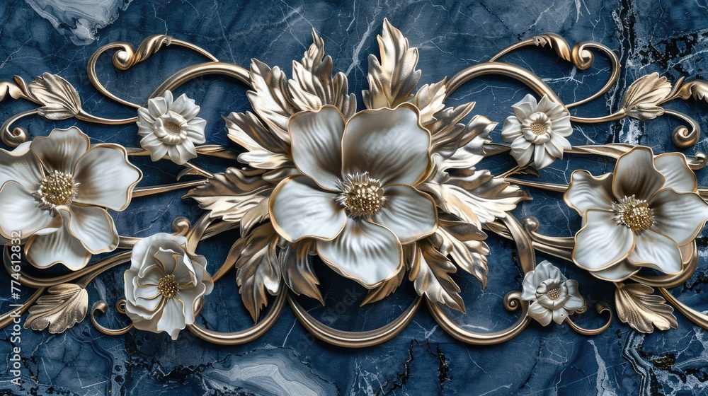 Elegant Metallic Floral Decoration on Textured Blue Background