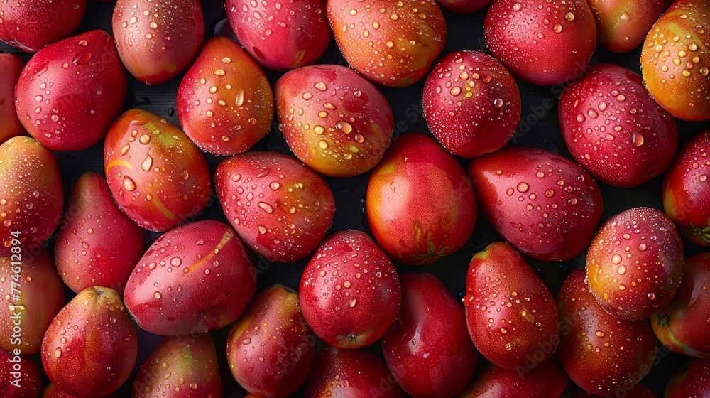 Red apples with water droplets and green stem on black background Red apples with water droplets and green stem on black background