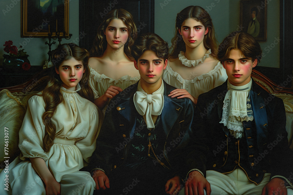 Siblings in Victorian Attire with an Intense Gaze Siblings in Victorian Attire with an Intense Gaze