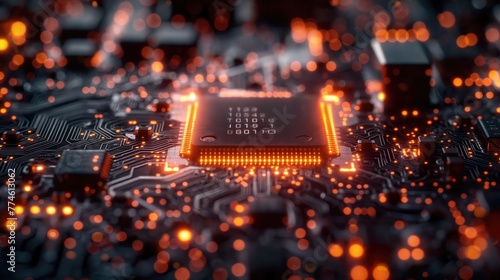 Glowing Microchip on Circuit Board Close-up
