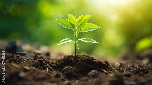 Green seedling growing from seed on blurred nature background