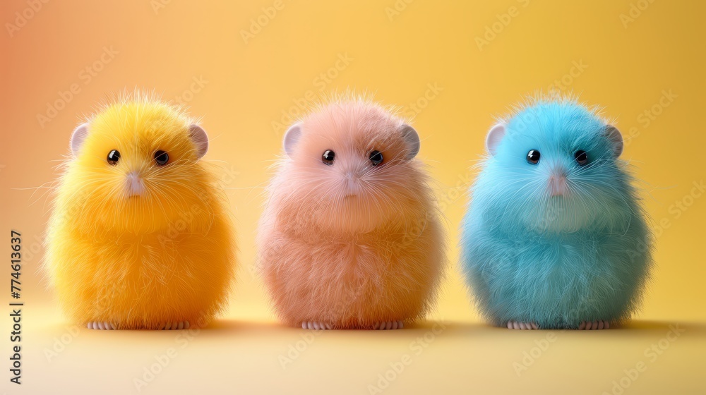   Three hamsters together against yellow-orange background, one facing camera