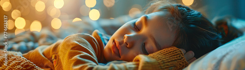 Girl peacefully sleeps in brown sweater with bokeh background, enjoying restful naptime in comfort. photo