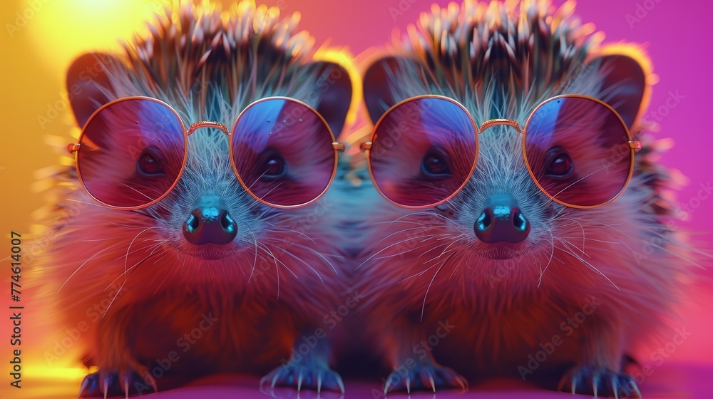   Hedgehog duo in sunglasses against a multi-colored backdrop