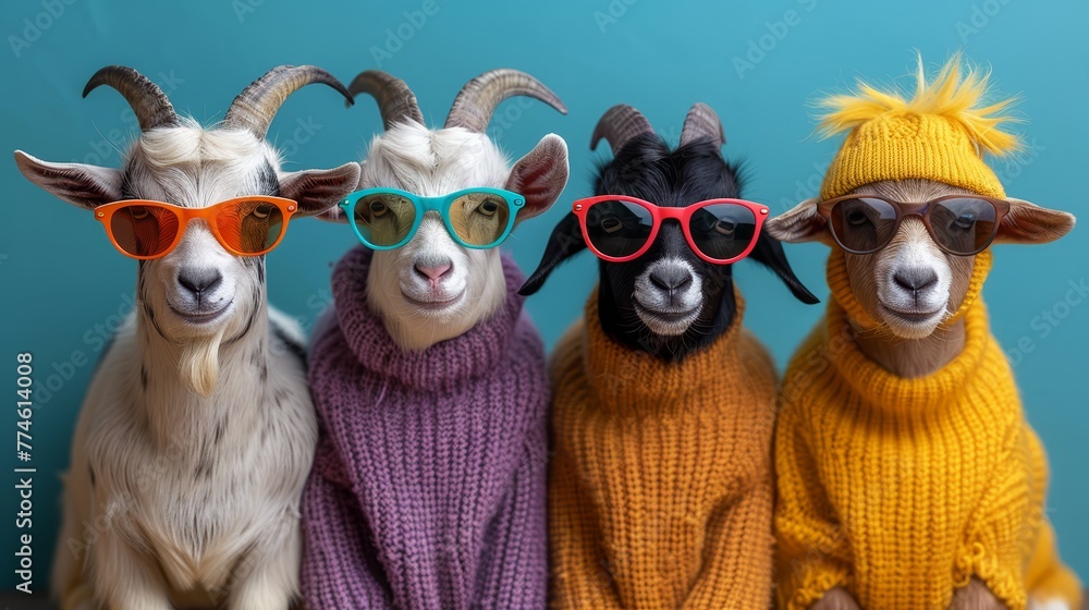   Three goats wearing sweaters, sunglasses, and face masks