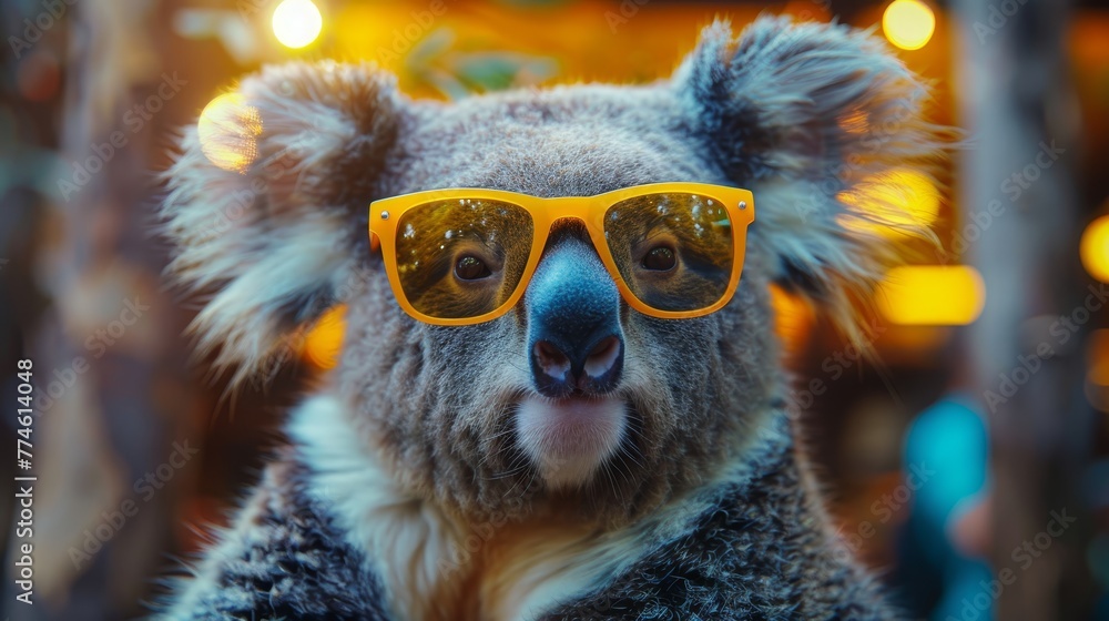   A photo of a koala wearing sunglasses and its fur billowing
