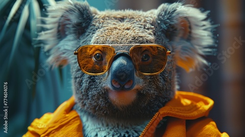   A close-up of a koala in sunglasses against a yellow jacket and palm trees photo