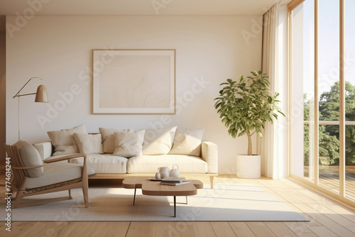 White frame blends with beige and Scandinavian tones  offering a view of a modern living room with plain walls  wooden floor  and a potted plant.