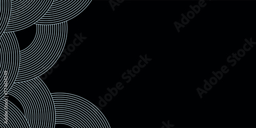 Black abstract background with geometric shape. Modern gold circle lines pattern. Luxury style. Horizontal banner template. Suit for cover, banner, brochure, corporate, poster