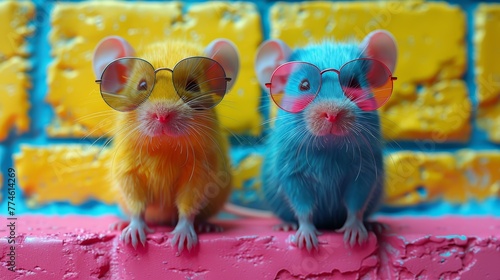  A pair of mice resting on a pink and blue wall adjacent to a blue-yellow brick wall