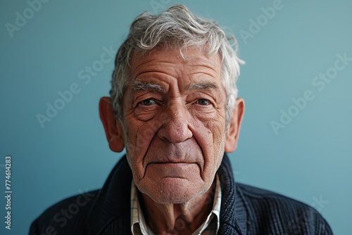 Portrait of a senior man with grey hair, isolated on blue background