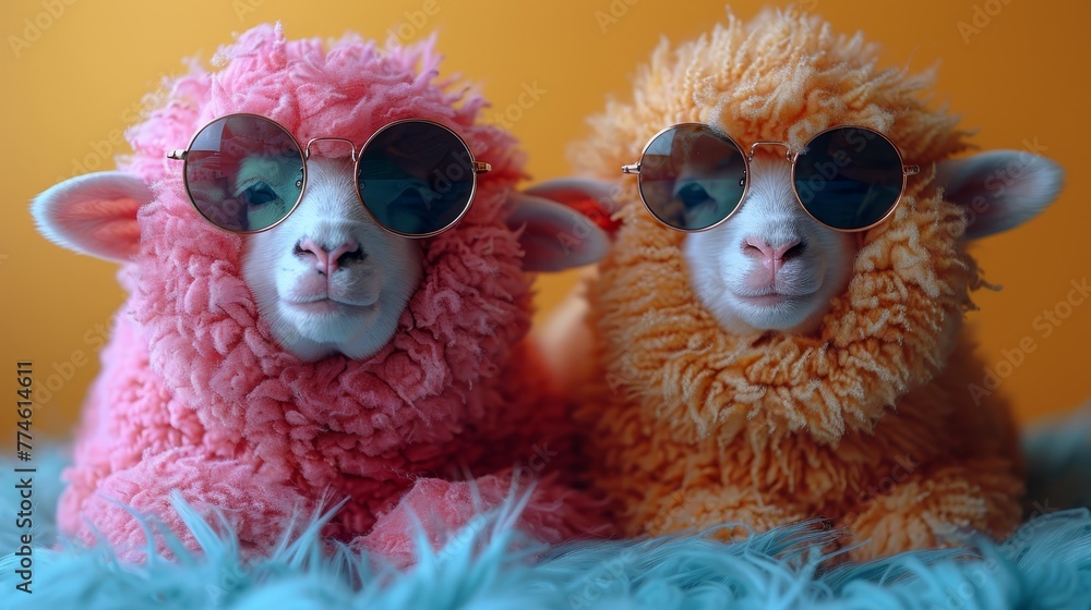   Sheep with sunglasses on a blue-pink fur bed in a yellow background