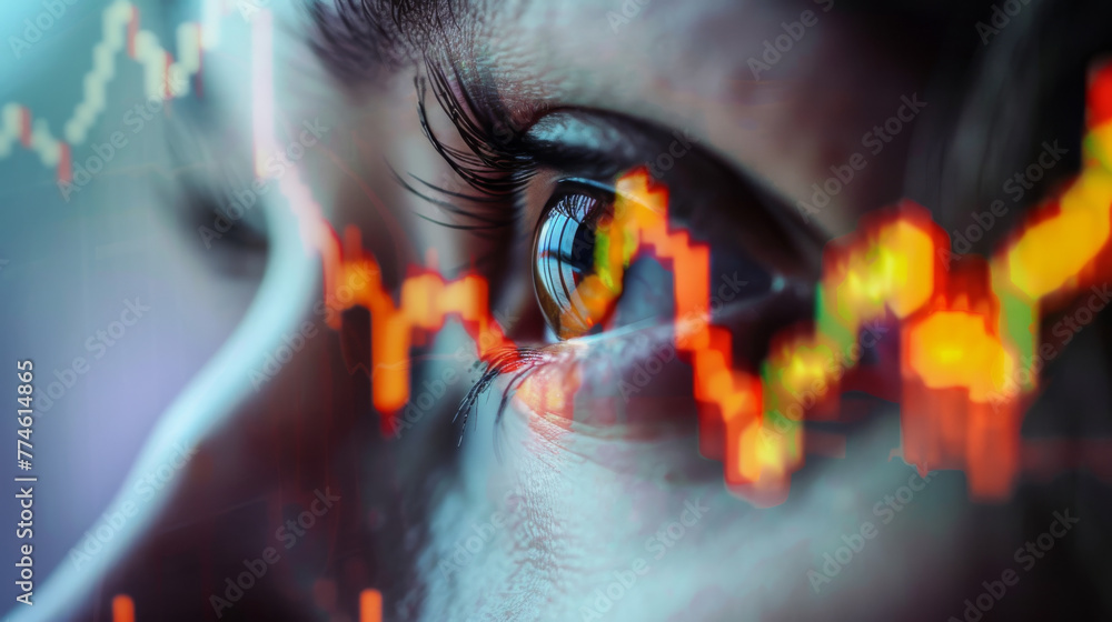 A woman's eye is reflected in a graph, with the numbers on the graph being red and yellow A woman's eye is reflected in a graph, with the numbers on the graph being red and yellow