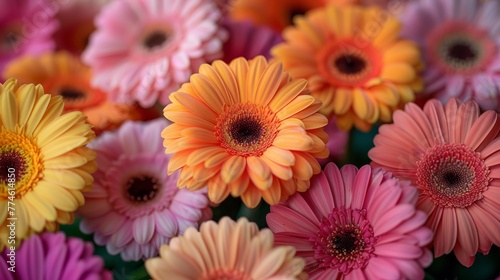   A macro shot of several vibrant blooms - pink  orange  yellow  and white - with a dark core