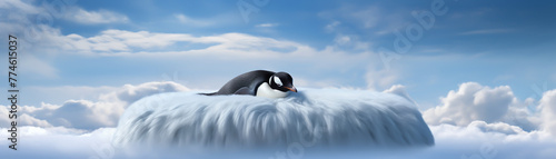 Above  a penguin finds rest on a cloud s cushion  clean sharp clean sharp focus