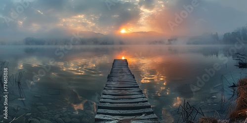 Misty sunrise at a lake in Mecklenburg Vorpommen in Germany. generative ai 