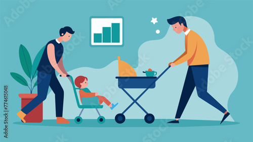 A man is shown happily pushing a stroller and taking his baby for a walk while his wife is shown working at a desk in the background. This