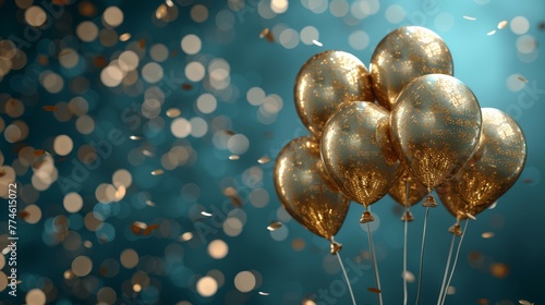  A cluster of golden balloons bobbing in mid-air with colorful confetti cascading down around them