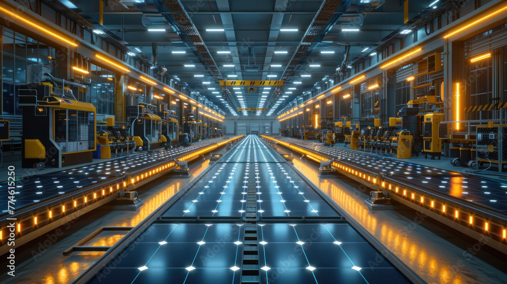 A photovoltaic factory showcasing its solar panel production line. A photovoltaic factory showcasing its solar panel production line.