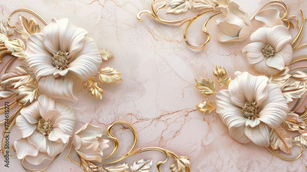 Elegant Gold and White Floral Decoration on Pink Marble Elegant Gold and White Floral Decoration on Pink Marble