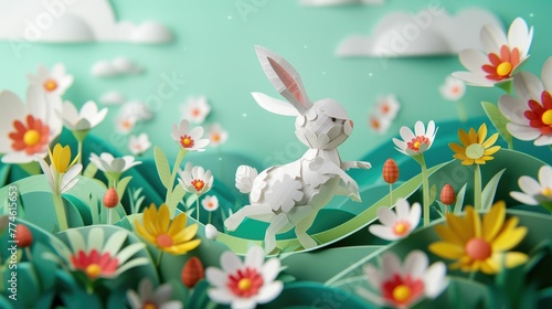 A white rabbit is leaping through a colorful field of blooming flowers and eggs  surrounded by lush green grass and vibrant petals  creating a beautiful and whimsical scene AIG42E