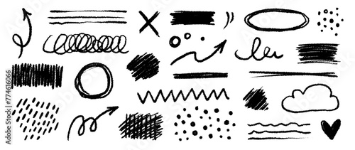 Chalk color pencil texture brush dot stroke vector element. Children crayon color brush stroke texture arrow, circle, underline shape. Hand drawn childish chalk pencil scribble. Vector illustration photo
