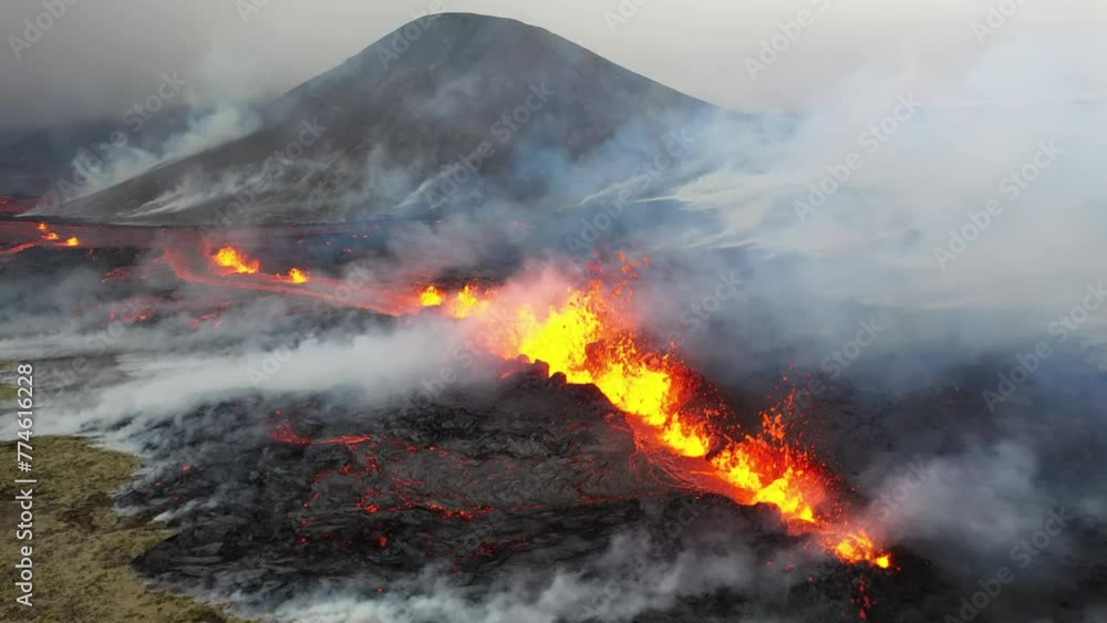 Aerial view of a river of lava burning everything in its path, Lili Hrotor volcano Iceland Aerial view of a river of lava burning everything in its path, Lili Hrotor volcano Iceland