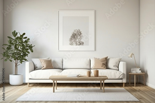 Visualize the harmony of a clean, white frame juxtaposed against beige and Scandinavian accents on a wall, offering a glimpse into a contemporary living room with plain wall.