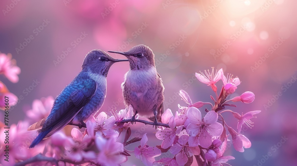 Fototapeta premium Two birds perched on tree branches with pink flowers against a blue backdrop