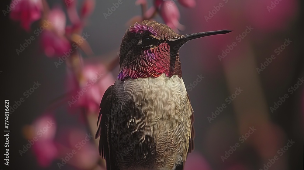 Fototapeta premium A bird perched on a tree's branch, surrounded by vibrant pink flowers against a blurred background