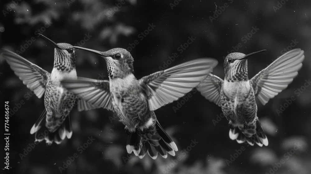 Fototapeta premium Three Hummingbirds - A Black & White Photo