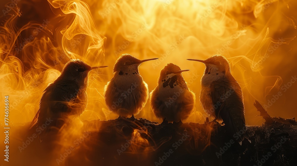 Fototapeta premium A group of birds perched on a tree limb against a fiery orange-yellow backdrop