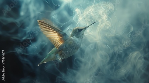  Hummingbird in flight with smoke trailing from wings