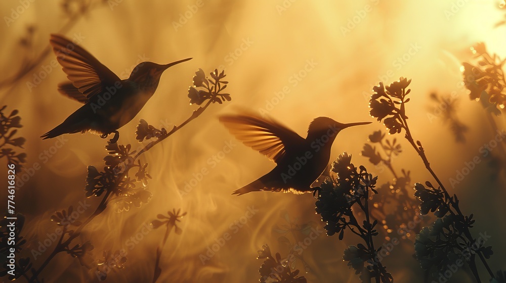 Fototapeta premium Two birds soaring above a field of blossoms on a bright summer day with sunlight filtering through the clouds