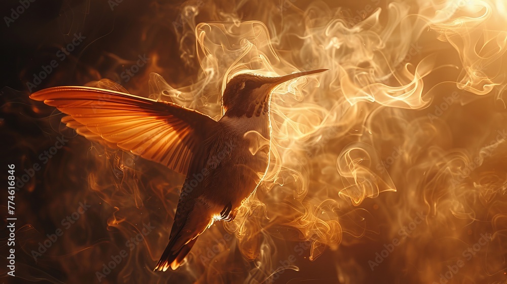 Fototapeta premium A close-up of a bird flying in the air surrounded by thick smoke and a brilliant light behind it