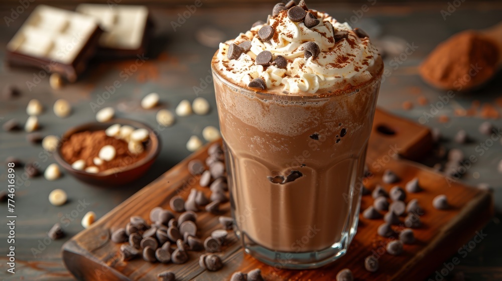 A glass of chocolate milkshake with whipped cream and chocolate chips on a wooden tray alongside a bowl of chocolate chips A glass of chocolate milkshake with whipped cream and chocolate chips on a wooden tray alongside a bowl of chocolate chips