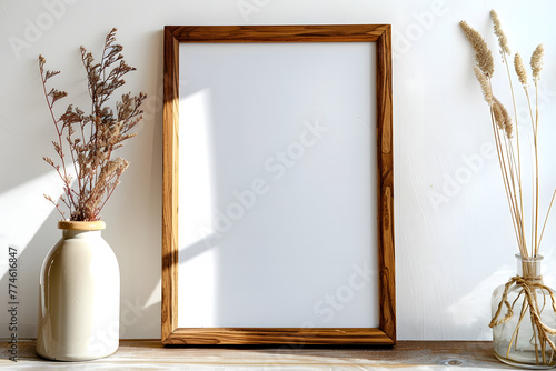 A close-up shot of the wall with an empty wooden frame on it, with white walls and some plants