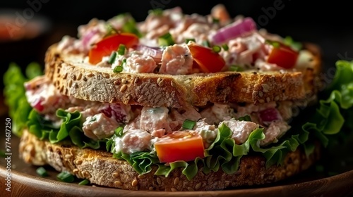  A clear image showing a close-up of a sandwich on a plate with lettuce, tomatoes, and other toppings