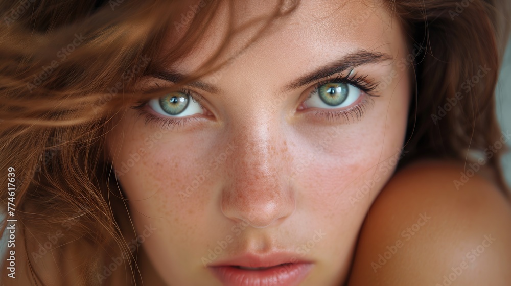Close-up Portrait of a Woman with Piercing Blue Eyes and Freckles