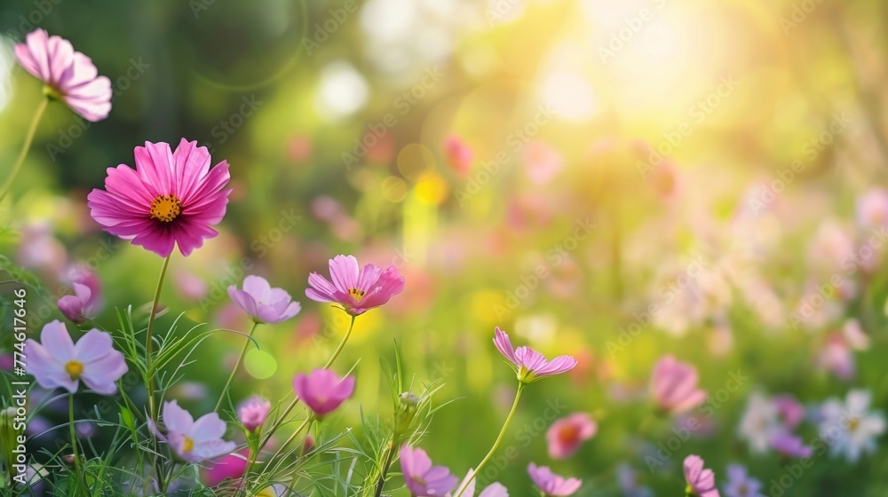 A field filled with pink and white wildflowers under the golden sunlight