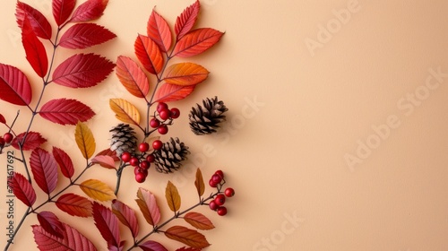 A branch adorned with vibrant red leaves and pine cones against a blurred background
