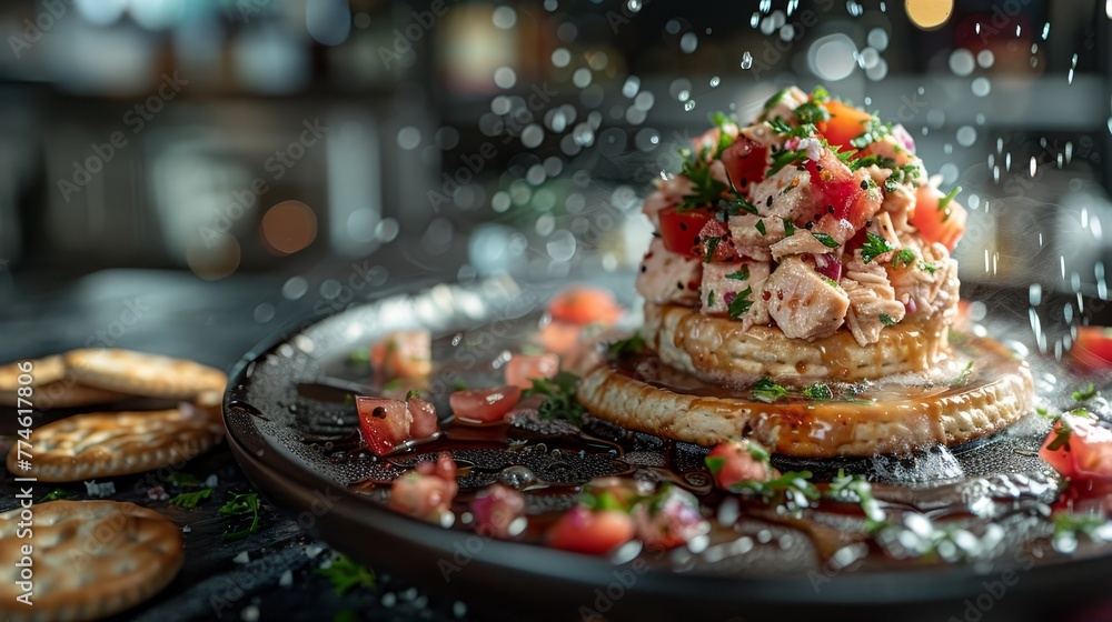   A stack of food on top of a sauce-covered pan, garnished with toppings, sits on a table beside crackers