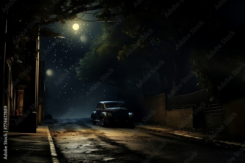Obraz premium Car driving through the street at night with moon in the background