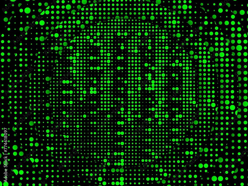 Neon green spots and dots of different sizes arranged to make a complex circular concentric pattern and grid design on a black background