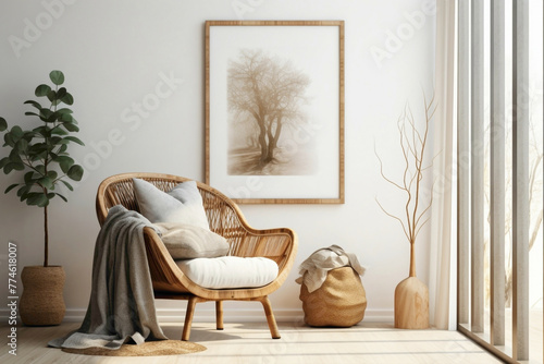 Visualize the bohemian charm in a contemporary living room featuring a wicker chair, floor vases, and a blank mockup poster frame against a pristine white backdrop.