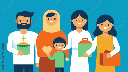 A family volunteering together at a religious event embodying the teachings of selflessness and charity.