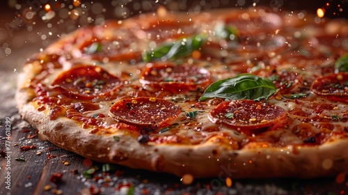  A close-up photo of a pepperoni pizza with a plate and some pepperoni on it
