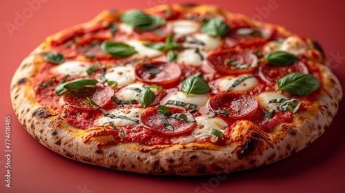  A pizza topped with pepperoni, mozzarella, basil, and mozzarella cheese on a red surface