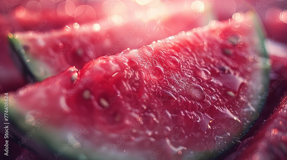 Close-up of watermelon slice with water drops on top and bottom Close-up of watermelon slice with water drops on top and bottom
