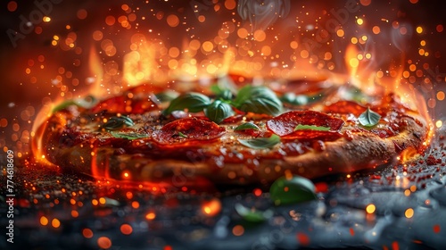  A close-up of a pizza on a table with flames erupting from the top